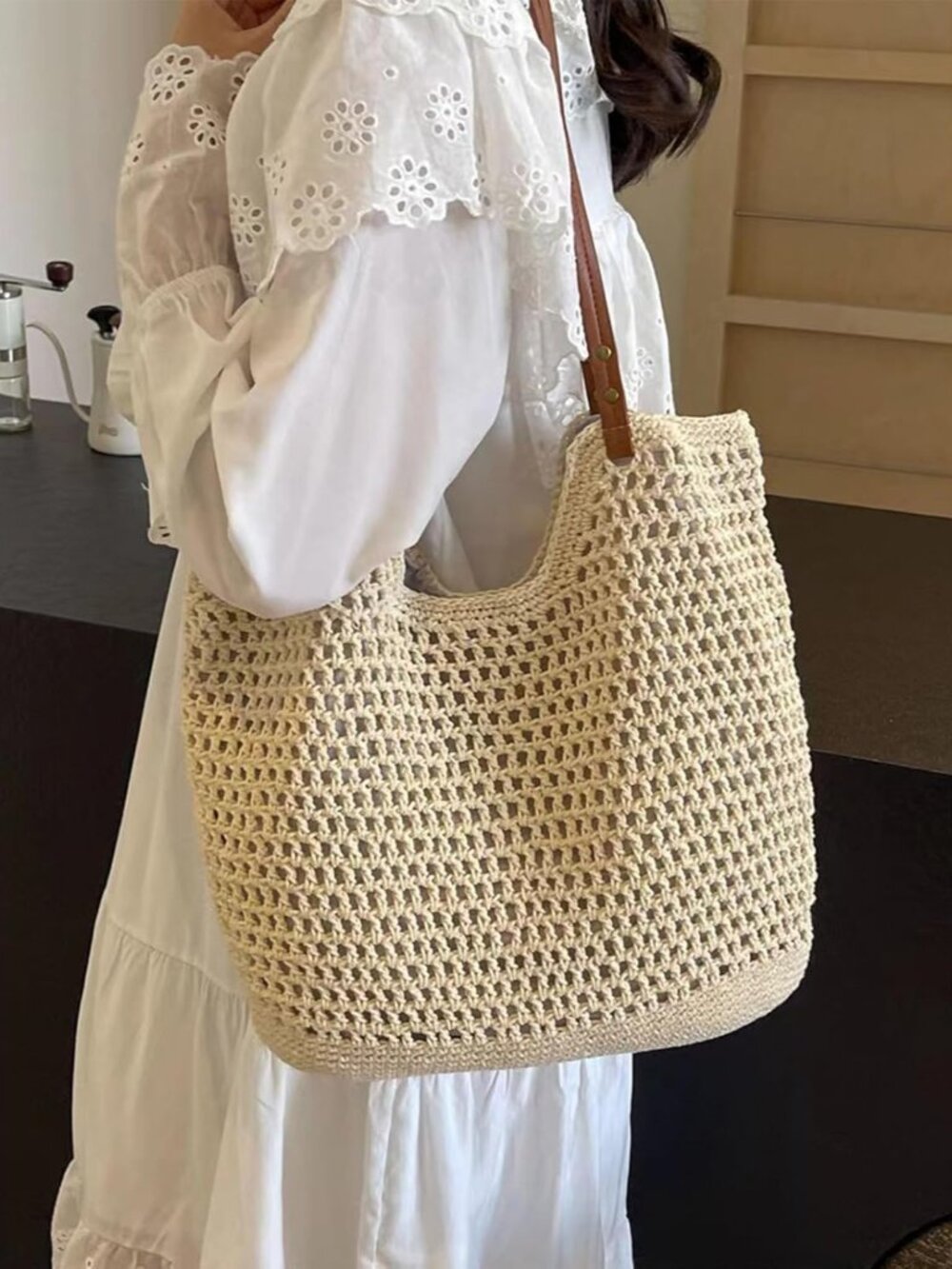 Cotton Fibre Crochet Beach Tote Bag for Vacation,Bohemian Cotton Hobo Shoulder B - Picture 2 of 8